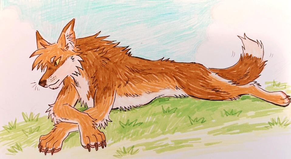 A werewolf lounging in the grass