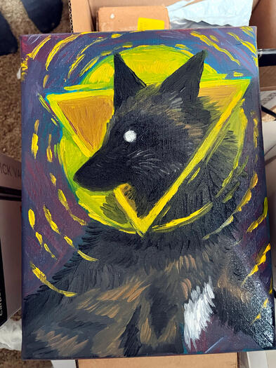 An oil on linen canvas painting of a wolf